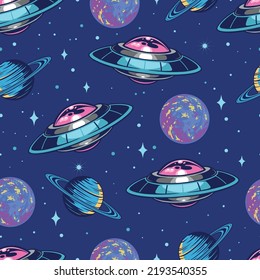 Space vintage seamless pattern colorful with flying saucers and UFO planets in starry sky travel through universe vector illustration