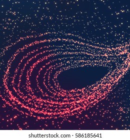 Space Vortex Vector Background. Black Hole From Flying Glowing Particles. Abstract Vortex Composed Of Particles. Swirling Graphics. 3D Vector Illustration.
