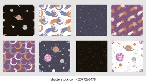 Space voyage seamless pattern set with planets, comets, stars, constellations, asteroids and abstract elements.