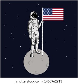Space walk on lunar surface . USA astronaut explored the moon and sets american flag.Cartoon vector illustration.Childish style