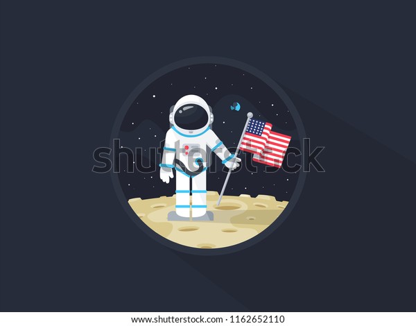 Space walk on\
lunar surface. USA astronaut explored the moon and sets american\
flag. Vector flat\
illustration.