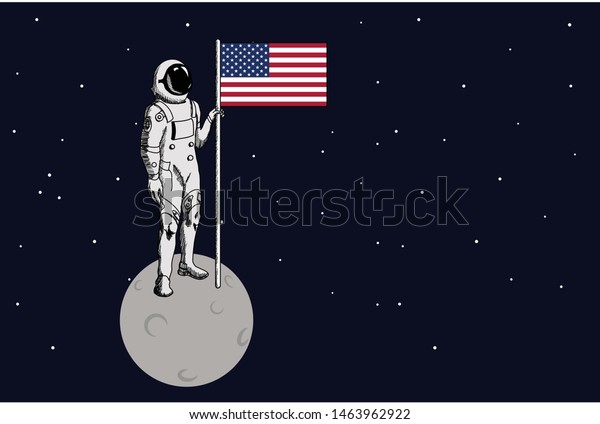 Space walk on lunar surface . USA astronaut\
explored the moon and sets american flag.Cartoon vector\
illustration.Childish\
style