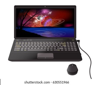 Space wallpaper on a laptop. desktop computer. Illustration for your design. Planet in a red landscape. Scarlet sky