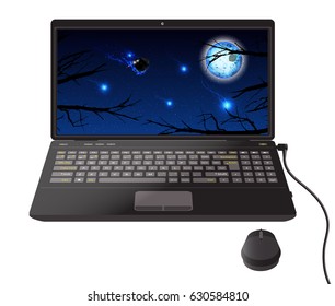 Space wallpaper on a laptop. desktop computer. Illustration for your design. Space landscape moon and sky trees
