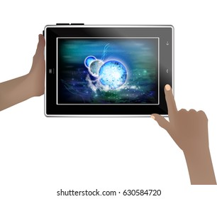 Space wallpaper on a tablet in human hands. Illustration for your design. Planet in the stellar haze