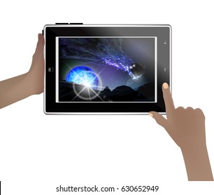 Space wallpaper on a tablet in human hands. Illustration for your design. Flash on the blue planet