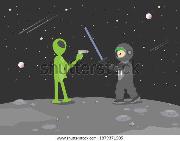 Space war battle between Alien\
and Astronaut. Astronaut using laser sword fight with Alien. Alien\
standing with arm akimbo holding gun prepare to shot human.\
