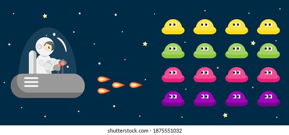 Weltraumkrieg zwischen dem Raumschiff und dem UFO unter den Sternen im großen Galaxienkartoon-Vektor. Schlachtspiel-Konzept des Weltraumkriegs