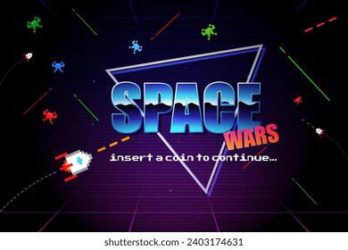 SPACE WAR INSERT A COIN TO CONTINUE .pixel art .8 bit game.retro game.Retro Futurism Sci-Fi Background