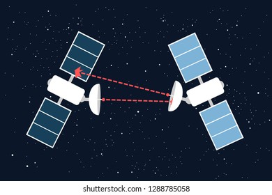 Space war - military armed conflict between two satellites - confrontation and offensive attack and assault in the cosmos and on the orbit. Vector illustration