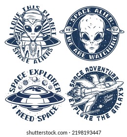 Space war set emblems monochrome vintage with portraits of aliens watching people and spacecraft or UFO for battles vector illustration