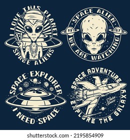 Space war set monochrome vintage elements aliens with threatening inscriptions and aircraft for intergalactic battles for planets vector illustration