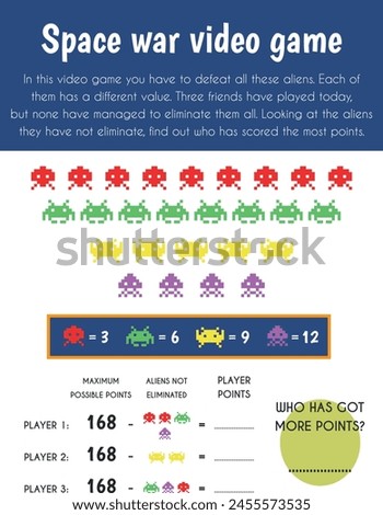 Space war videogame Educational Sheet. Primary module for Numerical Ability. 5-6 years old. Educational Sheets Series