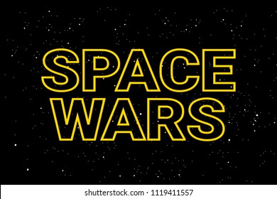 Space wars - modern military conflict and armament in outer space. Clash of armies and defense power in militarized cosmos. Vector illustration with text and stars