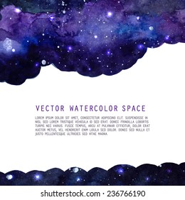 Space watercolor background with stars. Vector layout with copyspace.  