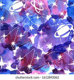 Space watercolor seamless pattern. Hand painted cosmic background for your design.