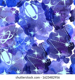 Space watercolor seamless pattern. Hand painted cosmic background for your design.