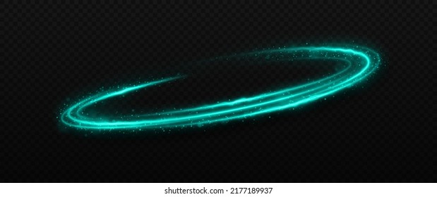 Las líneas onduladas del espacio giran sobre un fondo transparente. Círculos de torsión luminosos con efecto luminoso. Rayo mágico de luz con partículas de brillo.