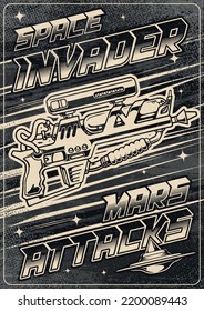 Space Weapons Flyer Monochrome Vintage Fantasy Style Blaster Invader For Wars Between Aliens And Attack On Mars Vector Illustration