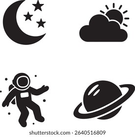 Space and Weather Icon Bundle Astronaut Moon Stars Planet and Cloud Clipart Set for Astronomy Science Sky and Meteorology Vector Design Projects in Black Silhouette Style