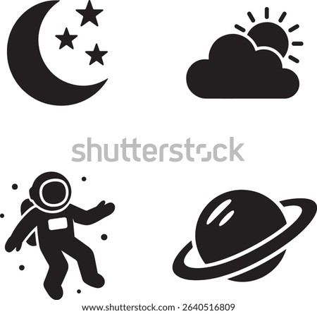 Space and Weather Icon Bundle Astronaut Moon Stars Planet and Cloud Clipart Set for Astronomy Science Sky and Meteorology Vector Design Projects in Black Silhouette Style