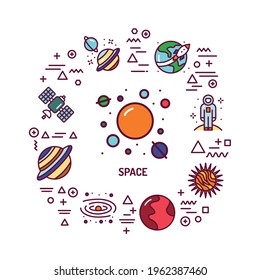 Space web banner. Infographics with linear icons on white background. Creative idea concept. Isolated outline color illustration.