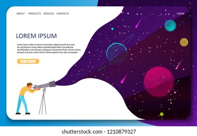 Space web banner template. Vector illustration of man seeing stars, planets using optical telescope. Astronomy science concept.