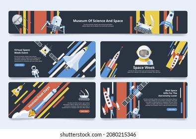 Space week announcement horizontal landing page set place for text vector flat illustration. Advertising online promo virtual galaxy museum science with astronaut in spacesuit, satellite and spaceship