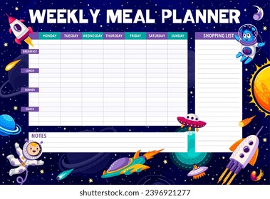 Planificador espacial semanal de comidas con personajes de la galaxia de dibujos animados y planetas. Plan de alimentación vectorial o programa de dieta en el fondo del espacio estrellado con astronautas y personajes alienígenas, nave espacial OVNI, cohete, fécula