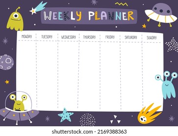 Space weekly planner with cute aliens. Cosmic doodle design of timetable for kids.