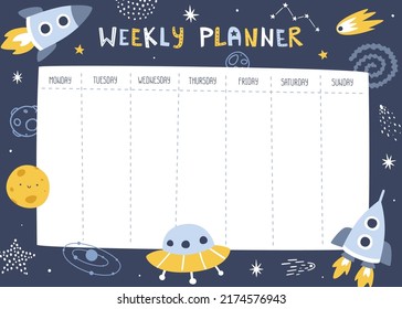 Space weekly planner with cute spaceships. Cosmic scandinavian design of timetable for kids.