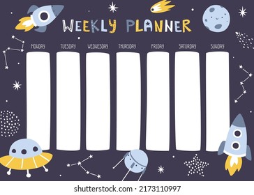 Space weekly planner with rockets. Scandinavian cosmic design of timetable for kids.