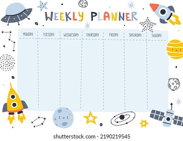 Space weekly planner with rockets and ufo. Scandinavian cosmic design of timetable for kids.