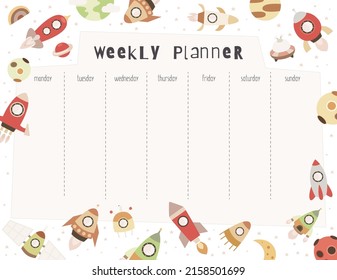 Space Weekly Planner with Spaceship, UFO, Rockets, Planets on white background. Kids schedule design template in cartoon style. Vector illustration.