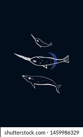 Space whale and narwhals. Nursery poster, postcard, vector illustration