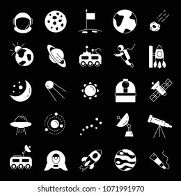 Space white simple silhouette icons vector set. Collection of space objects with astronaut, planet and moon isolated on white background.