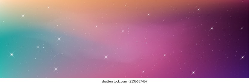 Space wide background. Colorful starry wallpaper with shining stars. Abstract cosmic texture with milky way. Purple galaxy poster. Color nebula with stardust. Vector illustration.