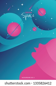 Space windy illustration. Planets with craters, stars and comets space, 3d background, neon.