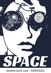 Space woman, tattoo. Symbol of tourism, travel, surreal graphics. Cybernetic girl. Astronaut in the wheels of the bicycle 