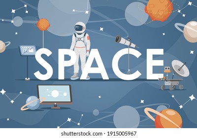 Space word banner template. Astronaut, rover, planets, stars, moon and outer space vector flat illustration. Science fiction, space exploration with telescope and computers. Galaxy poster design.