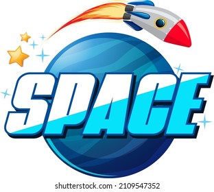 Diseño de logotipo de palabra espacial con ilustración de nave espacial