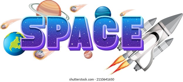 Space word logo design with Spaceship illustration
