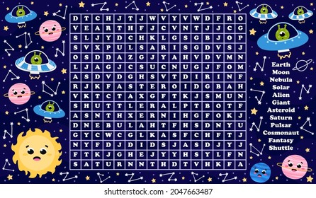 Space word search game with cute planets, alien monsters on spaceshipsin cartoon style for kids learning english, printable worksheet with universe themed words for children books