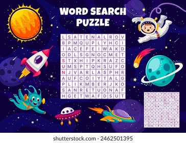 Space word search puzzle game with galaxy planets and kid astronaut, vector worksheet. Word search grid game quiz to guess and find alien UFO and spaceship, kid spaceman or spaceship shuttle and stars