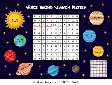 Space Word Search Puzzle For Kids. Find Names Of Solar System Planets.