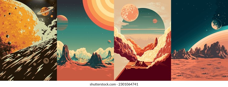 Space world colorful set posters with landscapes of deserted planets and huge sun near red earth with craters vector illustration