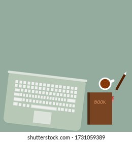Space for writing text with laptops, books, pens, coffee