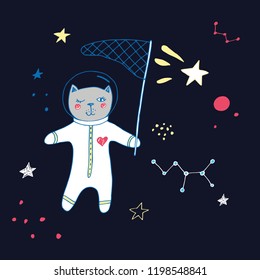 Spacecat catches stars in space. Vector illustration for t-shirt, textile,  wall art, denim, stickers, mugs, covers, patterns, phone cases and other use