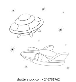 Spacecraft against the starry cosmos. Coloring book.