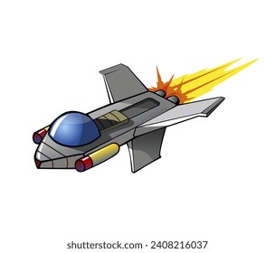 Spacecraft against white background. Science fiction rocket. Futuristic spaceship. Flying object. Image of aircraft. Children picture. Vector illustration.